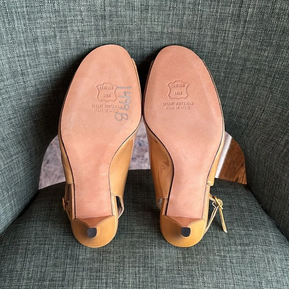 Stuart Weitzman Women’s nude tan big bow peep toe patient leather heel 7.5 EUC!